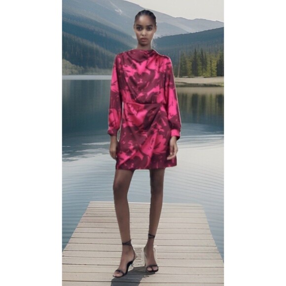 Zara Dresses & Skirts - Zara Women's Satin Effect Mini Dress Pink Floral Size M
